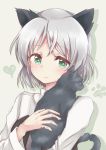  1girl animal animal_ears animal_hug black_cat blush cat cat_ears green_eyes heart holding_animal looking_at_viewer nyaku paw_print sanya_v_litvyak short_hair silver_hair simple_background solo strike_witches white_background world_witches_series 