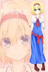  1girl alice_margatroid ascot blonde_hair blue_eyes capelet character_name closed_mouth full_body hair_ornament hairband hairpin hand_on_own_chest solo touhou yuuki._(limit) 