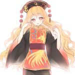  1girl black_dress chinese_clothes cowboy_shot crescent dress hat highres junko_(touhou) long_hair looking_at_viewer mugicha0929 open_mouth orange_hair red_eyes sash simple_background solo touhou white_background wide_sleeves 