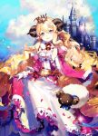  1girl bell blonde_hair castle clouds gloves green_eyes hg_(pixiv16108795) horns long_hair looking_at_viewer original petals pointy_ears sheep sheep_horns smile solo very_long_hair white_gloves 
