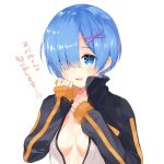  1girl blue_eyes blue_hair breasts hair_ornament hair_over_one_eye heart jacket long_sleeves looking_at_viewer medium_breasts naked_track_jacket necomi_(gussan) no_bra open_clothes open_mouth open_track_jacket re:zero_kara_hajimeru_isekai_seikatsu rem_(re:zero) short_hair simple_background smile solo track_jacket translated upper_body white_background x_hair_ornament 