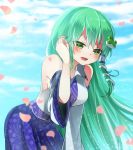  1girl :d armpit_peek bare_shoulders blue_skirt blush breasts cherry_blossoms clouds cloudy_sky commentary_request cowboy_shot detached_sleeves frog_hair_ornament green_eyes green_hair hair_ornament hair_tubes hair_tucking japanese_clothes kasuura_(cacula) kochiya_sanae large_breasts leaning_forward long_hair looking_down looking_to_the_side miko open_mouth petals shirt sideboob skirt sky sleeveless sleeveless_shirt smile snake_hair_ornament solo sunlight touhou wide_sleeves 