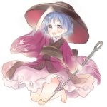  1girl :d barefoot blue_hair bowl bowl_hat full_body hand_on_headwear hat highres looking_at_viewer mugicha0929 needle obi open_mouth red_eyes red_kimono sash short_hair simple_background sketch smile solo sukuna_shinmyoumaru touhou white_background wide_sleeves 