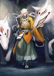  1boy black_gloves fangs fox full_body gloves hakama japanese_clothes kimono kitsune kogitsunemaru male_focus partly_fingerless_gloves red_eyes sandals sharp_teeth sine smile smirk sword tabi teeth touken_ranbu tree_branch weapon white_hair yellow_eyes 