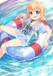  1girl blonde_hair blush clothes_writing futaba_anzu garun_wattanawessako highres idolmaster idolmaster_cinderella_girls innertube long_hair looking_at_viewer low_twintails lying one-piece_swimsuit red_eyes school_swimsuit shirt solo swimsuit swimsuit_under_clothes t-shirt twintails water wet wet_clothes wet_shirt wet_t-shirt you_work_you_lose 