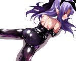  1girl ass bow hair_bow latex len long_hair lying melty_blood on_stomach pointy_ears red_eyes shimeji_nameko shoulder_blades simple_background skin_tight solo spread_legs tsukihime violet_eyes white_background 