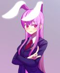  1girl :3 alison_(alison_air_lines) animal_ears blazer blue_jacket crescent crescent_moon_pin extra_ears grey_background hair_between_eyes highres index_finger_raised jacket long_hair long_sleeves looking_at_viewer necktie pink_hair rabbit_ears red_eyes red_necktie reisen_udongein_inaba smile solo touhou upper_body wing_collar 