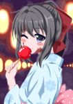  1girl ;t black_hair blue_eyes blurry blush_stickers bokeh bow burn_scar candy_apple depth_of_field dorei_to_no_seikatsu_~teaching_feeling~ eating festival floral_print hair_bow japanese_clothes kimono long_hair looking_at_viewer ponytail red_bow scar smile solo sylvie_(dorei_to_no_seikatsu) takahiko yukata 