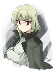 1girl :x bags_under_eyes bangs blonde_hair blunt_bangs collar_up commentary_request crossed_arms dated eyebrows eyebrows_visible_through_hair grete_m_gollob long_hair long_sleeves looking_at_viewer makaze_(t-junction) military military_uniform red_eyes signature solo staring strike_witches turtleneck uniform upper_body world_witches_series 