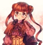  1girl adjusting_glasses bangs black_bow blush bow braid brown_eyes brown_hair capelet double_bun glasses kricketune long_hair looking_at_viewer moe_(hamhamham) personification pokemon puffy_sleeves solo twintails 