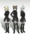  3girls :x animal_ears black_boots black_coat black_gloves black_legwear black_panties blonde_hair boots breasts brown_hair cat_ears cat_tail closed_mouth commentary_request crossed_arms dog_ears dog_tail emblem eyebrows eyebrows_visible_through_hair glasses gloves green_eyes hand_on_hip hand_on_own_chest head_tilt head_wings heidimarie_w_schnaufer heinrike_prinzessin_zu_sayn-wittgenstein helmina_lent highres hirschgeweih_antennas large_breasts long_hair long_sleeves makaze_(t-junction) military military_uniform multiple_girls panties red_eyes shadow simple_background strike_witches tail thigh-highs underwear uniform violet_eyes white_background white_hair white_panties world_witches_series 