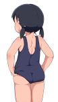  1girl ass black_hair bubukka from_behind marui_hitoha mitsudomoe one-piece_swimsuit short_hair short_twintails simple_background solo swimsuit twintails white_background 