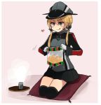  1girl :p anchor_choker anchor_hair_ornament annin_musou bangs cushion food gloves green_eyes hair_between_eyes hair_ornament hat heart jacket kantai_collection low_twintails military military_uniform opening pink_background pleated_skirt prinz_eugen_(kantai_collection) seiza senbei sitting sketch skirt solo steam thigh-highs tongue tongue_out tray twintails uniform yunomi 