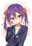  1girl absurdres akebono_(kantai_collection) alternate_hairstyle bell blue_ribbon blush flower hair_bell hair_between_eyes hair_flower hair_ornament hair_twirling hand_in_hair head_tilt highres hoshimiya_nazuna jingle_bell kantai_collection long_sleeves looking_at_viewer purple_hair ribbon school_uniform simple_background solo sweater twintails upper_body violet_eyes 