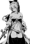  1girl bare_shoulders belt breasts collarbone gou_(ga673899) granblue_fantasy greyscale hair_ribbon monochrome navel no_panties red_eyes ribbon spot_color thigh-highs vira 