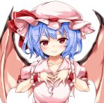  1girl bat_wings blue_hair blush collarbone frills hands_on_own_chest hat hat_ribbon maremay0513 mob_cap puffy_short_sleeves puffy_sleeves red_eyes remilia_scarlet ribbon short_hair short_sleeves solo touhou white_background wings wrist_cuffs 