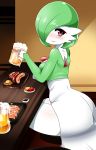  alcohol beer beer_mug blush drink gardevoir green_hair hair_over_one_eye highres holding_drinking_glass indoors looking_at_viewer no_humans pokemon pokemon_(creature) pokemon_(game) red_eyes sausage short_hair smile solo teddy_jack 