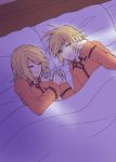  1boy 1girl bed bed_sheet blonde_hair blue_eyes brother_and_sister covering_one_eye hinata_(princess_apple) interlocked_fingers kagamine_len kagamine_rin light_rays messy_hair morning one_eye_closed pajamas pillow pixiv_sample shared_blanket short_hair siblings sleeping sleepy sunlight twins vocaloid waking_up 