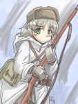  1girl aki_(girls_und_panzer) alternate_costume bag blonde_hair blush bolt_action coat fur_hat girls_und_panzer gloves green_eyes gun hat higezamurai_(kurage_gunsou) hood military military_uniform mosin-nagant pouch rifle satchel short_twintails signature sketch sling soldier solo twintails uniform ushanka weapon winter_clothes winter_coat world_war_ii 