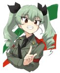  1girl :d anchovy black_ribbon black_shirt blush commentary_request crossed_arms dress_shirt drill_hair eyebrows eyebrows_visible_through_hair fang girls_und_panzer green_hair grey_jacket hair_between_eyes hair_ornament hair_ribbon head_tilt highres long_hair long_sleeves makaze_(t-junction) military military_uniform necktie open_mouth pointing pointing_up red_eyes ribbon shirt shoulder_belt simple_background smile solo twin_drills twintails uniform upper_body 