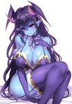  1girl bare_shoulders blue_skin blush breasts character_request choker cleavage collarbone elbow_gloves gan_(shanimuni) garter_straps gloves head_wings highres large_breasts long_hair looking_at_viewer purple_gloves purple_hair purple_legwear simple_background sitting smile solo thighhighs violet_eyes white_background 