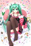  1girl :q aqua_eyes bra candy character_doll checkerboard_cookie cookie food garter_straps green_hair hatsune_miku highres kagamine_rin lollipop long_hair looking_at_viewer macaron o_o project_diva_(series) project_diva_f rko_(a470350510) sitting solo spring_onion sweet_devil_(vocaloid) thigh-highs tongue tongue_out twintails underwear very_long_hair vocaloid 