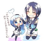  2girls ^_^ black_legwear blue_eyes blue_hair blush chibi closed_eyes commentary dress elbow_gloves flying_sweatdrops gloves gradient_hair grin hair_ribbon hand_on_another&#039;s_head jako_(jakoo21) kantai_collection long_hair low_twintails multicolored_hair multiple_girls open_mouth ribbon sailor_dress samidare_(kantai_collection) smile suzukaze_(kantai_collection) thigh-highs translated twintails younger zettai_ryouiki 