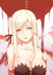  1girl bare_shoulders blood bloody_tears breasts cleavage collarbone crying crying_with_eyes_open highres kiss-shot_acerola-orion_heart-under-blade kizumonogatari long_hair medium_breasts monogatari_(series) pointy_ears shoutai_(7490773) solo tears translation_request yellow_eyes 