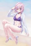  1girl absurdres bikini breasts fate/grand_order fate_(series) glasses hair_over_one_eye highres hotate jacket midriff navel open_toe_shoes pink_hair shielder_(fate/grand_order) shoes short_hair sitting swimsuit violet_eyes 