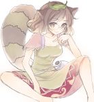  1girl animal_ears brown_eyes brown_hair cropped_legs dress futatsuiwa_mamizou glasses gourd green_dress highres index_finger_raised leaf leaf_on_head looking_at_viewer mugicha0929 raccoon_ears raccoon_tail short_sleeves simple_background sitting sketch smile solo tail touhou white_background 