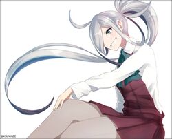  1girl ahoge asashimo_(kantai_collection) ascot commentary_request dress grey_eyes grin hair_over_one_eye hand_on_own_knee kantai_collection kei-suwabe multicolored_hair pantyhose ponytail purple_hair school_uniform shirt sidelocks silver_hair sitting sketch sleeveless sleeveless_dress smile twitter_username white_background white_shirt 