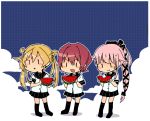  3girls abukuma_(kantai_collection) annin_musou bangs blonde_hair blue_sky blush_stickers brown_hair chibi clouds eating food fruit hair_ornament hair_ribbon kantai_collection kinu_(kantai_collection) long_hair multiple_girls open_mouth pink_hair pleated_skirt ribbon school_uniform serafuku short_hair side_ponytail sketch skirt sky smile twintails watermelon yura_(kantai_collection) 