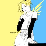  1girl blonde_hair blue_eyes buttons clipboard cowboy_shot hair_ornament hair_tie hand_up head_tilt holding looking_at_viewer mercy_(overwatch) nurse one_eye_closed overwatch pen ponytail smile solo spot_color undershirt wings 