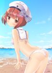  1girl absurdres ass auburn_hair beach bikini blue_sky blush bow breasts brown_eyes character_name closed_mouth clothes_writing clouds condensation_trail cowboy_shot day from_side hat hat_bow highres horizon kantai_collection leaning_forward looking_at_viewer ocean outdoors sailor_bikini sailor_collar sailor_hat short_hair side-tie_bikini signature sky small_breasts smiley_face solo string_bikini striped striped_bow swimsuit water white_bikini white_hat yuu_zaki z3_max_schultz_(kantai_collection) 