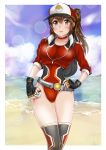  1girl baseball_cap beach belt brown_eyes brown_hair choker competition_swimsuit cropped_jacket female_protagonist_(pokemon_go) fingerless_gloves gloves hat highres long_hair mashinatsu ocean one-piece_swimsuit pokemon pokemon_go ponytail standing swimsuit swimsuit_under_clothes thigh-highs 