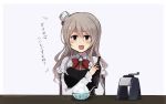  1girl annin_musou bangs bottle bow bowl brown_eyes chair grey_hair hair_between_eyes hat highres holding holding_bottle ice_shaver kantai_collection long_hair looking_at_viewer mini_hat open_mouth pola_(kantai_collection) shaved_ice sitting sketch smile solo spoon translated white_background 