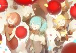 2boys 4girls aqua_eyes aqua_hair arm_up balloon birthday blonde_hair boots bow character_name closed_eyes confetti detached_sleeves fang from_above hair_bow hair_ornament hairclip hands_together hands_up happy happy_birthday hatsune_miku headphones highres kagamine_len kagamine_rin kaito light light_particles long_hair looking_up megurine_luka meiko multiple_boys multiple_girls necktie open_mouth pink_hair reaching_out redhead saihate_(saihate_d3) sailor_collar shadow short_hair shorts siblings smile twins twintails vocaloid 