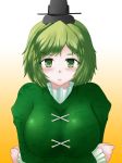  1girl :&lt; breasts closed_mouth crossed_arms eyebrows eyebrows_visible_through_hair gradient gradient_background green_eyes green_hair hat large_breasts short_hair soga_no_tojiko solo tama_go tate_eboshi touhou 