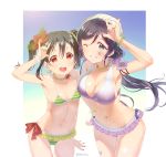  2girls \m/ bikini black_hair bow bracelet breasts double_\m/ flower green_eyes hair_bow hair_flower hair_ornament jewelry leaning_forward long_hair looking_at_viewer love_live! love_live!_school_idol_project low_twintails multiple_girls natsuiro_egao_de_1_2_jump! navel necklace one_eye_closed purple_hair red_eyes scrunchie short_hair small_breasts smile swimsuit tomiwo toujou_nozomi twintails yazawa_nico 