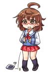  1girl ahoge brown_eyes brown_hair cellphone glasses lowres miniskirt no_nose open_mouth phone pote_(ptkan) school_uniform skirt smartphone solo sweat touhou usami_sumireko 