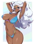  1girl armpits arms_up bikini blue_eyes breasts circlet cleavage curvy dark_skin highres hyakujuu-ou_golion large_breasts long_hair navel princess_allura slugbox solo swimsuit thick_thighs thighs voltron:_legendary_defender white_hair wide_hips 
