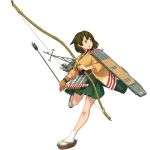  1girl arrow bow_(weapon) breasts brown_hair flight_deck full_body green_hakama hakama_skirt highres hiryuu_(kantai_collection) iwana japanese_clothes kantai_collection long_sleeves one_side_up open_mouth quiver sandals short_hair side_ponytail weapon wide_sleeves yellow_kimono yugake 