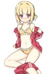  1girl bangs blonde_hair blunt_bangs blush bow bow_panties bra frilled_bra frilled_panties frills gym_shorts hatsunatsu iijima_yun jacket looking_at_viewer new_game! open_clothes open_jacket open_track_jacket panties short_hair shorts shorts_pull sitting solo sweatdrop track_jacket track_suit underwear violet_eyes yellow_bra yellow_panties 