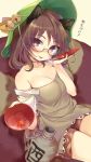  1girl alcohol animal_ears bare_shoulders bell blush breasts brown-framed_eyewear brown_dress brown_eyes brown_hair brown_skirt bust_cup cleavage collarbone detached_sleeves dress futatsuiwa_mamizou glasses gourd hat hat_ribbon highres hym9594 jingle_bell large_breasts leaf lips looking_at_viewer maple_leaf miniskirt nose_blush parted_lips raccoon_ears raccoon_tail ribbon sakazuki sake semi-rimless_glasses short_dress short_hair short_sleeves skirt smile solo spilling strap_slip tail touhou translated under-rim_glasses yellow_ribbon 