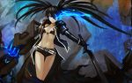  1girl arm_cannon bikini_top black_hair black_rock_shooter black_rock_shooter_(character) chain checkered coat glowing glowing_eye pale_skin scar short_shorts shorts sword twintails uneven_twintails weapon 