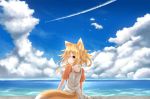  1girl animal_ears bird blonde_hair blue_sky clouds condensation_trail day dress fang fang_out fox_ears fox_tail glint horizon horokusa_(korai) layered_clothing looking_at_viewer looking_back messy_hair ocean orange_shirt original outdoors shirt short_hair short_sleeves sitting_on_wall sky smile solo tail wind yellow_eyes 