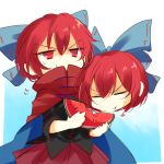  &gt;:t 1girl :t black_shirt blue_bow bow cape chibi closed_mouth commentary_request covered_mouth disembodied_head eating food fruit hair_bow high_collar kutsuki_kai looking_at_viewer red_cape red_eyes red_skirt redhead sekibanki shirt short_hair skirt solo sweat touhou watermelon 