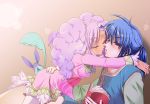  1boy 1girl blue_eyes blue_hair blush book closed_eyes couple covering_eyes dark_skin dress hetero incipient_kiss keele_zeibel long_hair meredy ponytail purple_hair quickie sami_(pink_princess) tales_of_(series) tales_of_eternia twintails violet_eyes 