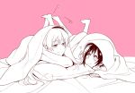  2girls barefoot blanket blush eye_contact heart kuma_(bloodycolor) long_hair looking_at_another multiple_girls pillow ruby_rose rwby smile weiss_schnee yuri 