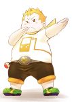  1boy belt blonde_hair brown_eyes chi_tiu fat fat_man full_body highres maamane_(pokemon) pokemon pokemon_(game) pokemon_sm simple_background solo white_background 